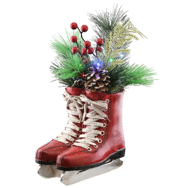 Christmas Winter Nights 12 in. Pre-Lit Red Ice Skates with Evergreen Arrangement