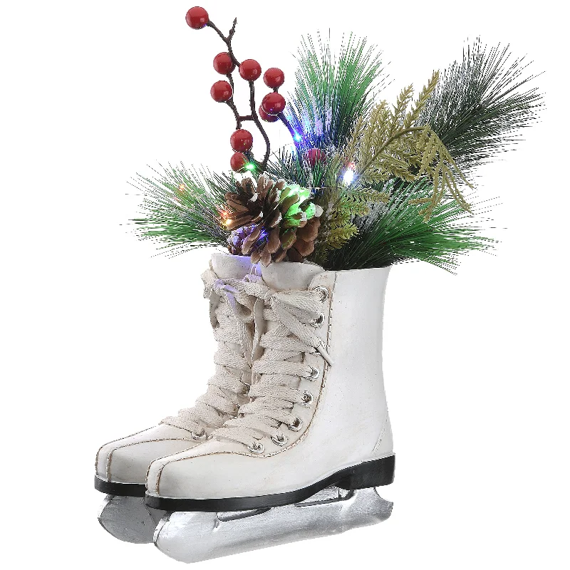 Christmas Gift Exchange 12 in. Pre-Lit White Ice Skates with Evergreen Arrangement