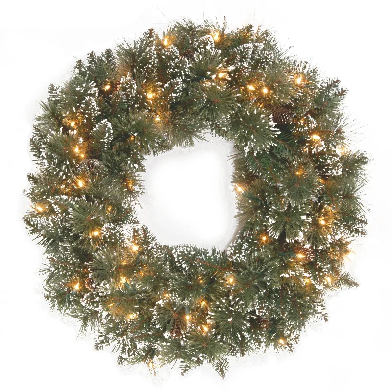 Christmas Family Fun 24 in. Glittery Bristle Pine Wreath with Clear Lights