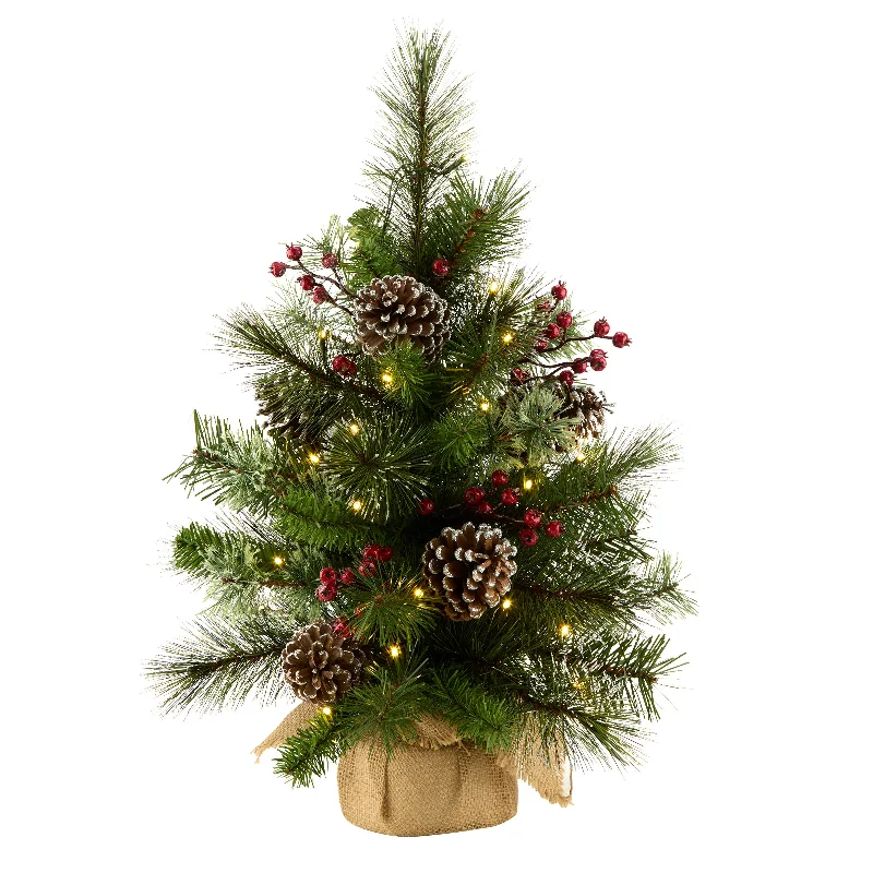 Christmas Yule Log 2ft. Iced Berry Pine Burlap Tree with LED Lights