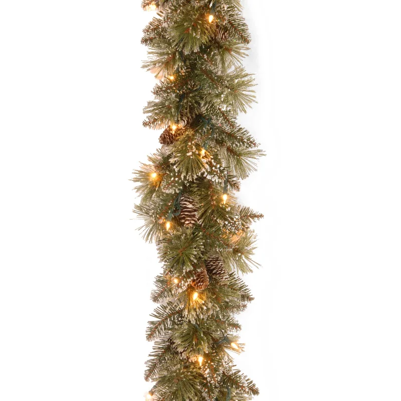 Christmas Decor 9 ft. Glittery Bristle Pine Garland with Clear Lights