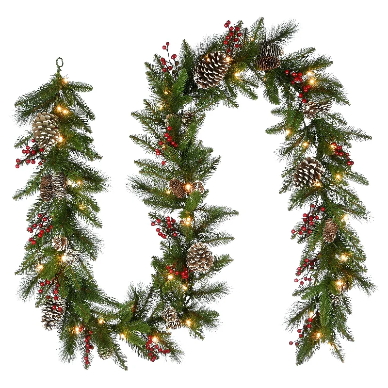 Christmas Fireplace Socks 9 ft. Pre-Lit Bristle Berry Pine Garland with LED Lights