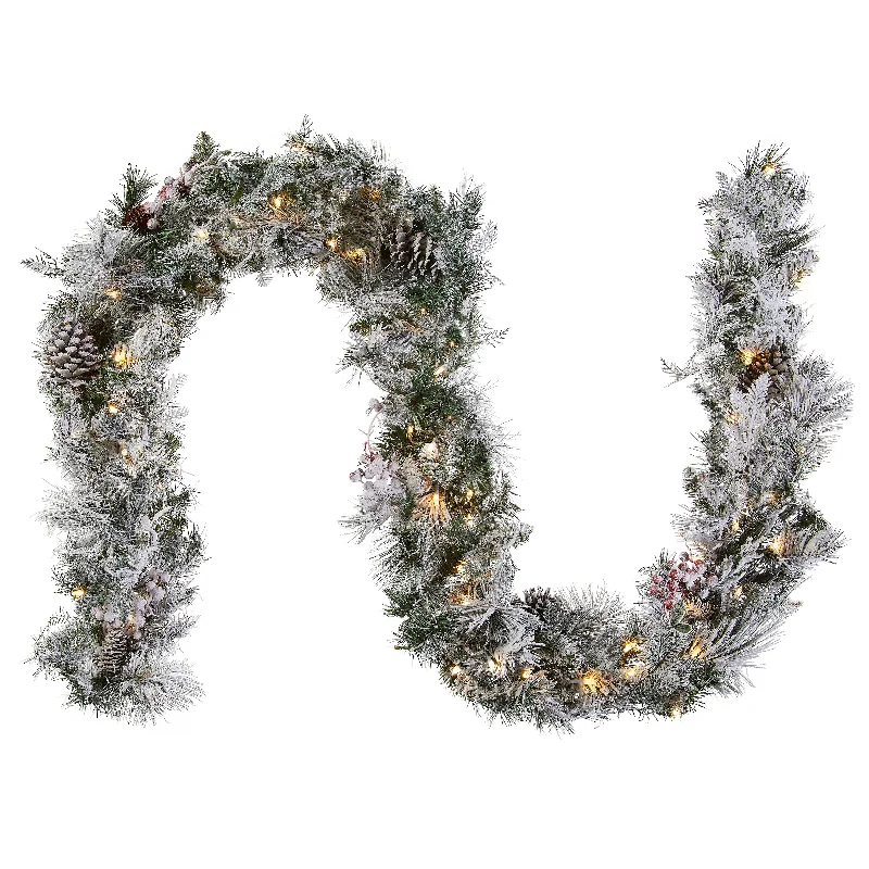 Holiday Treats 9 ft. Pre-Lit Snowy Bedford Pine Garland with LED Lights