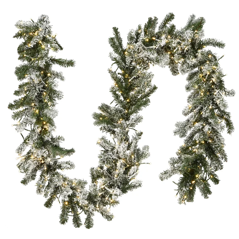 Christmas Centerpiece 9 ft. Pre-Lit Snowy Sheffield Spruce Garland with LED Lights Christmas Centerpiece 9 ft. Pre-Lit Snowy Sheffield Spruce Garland with LED Lights