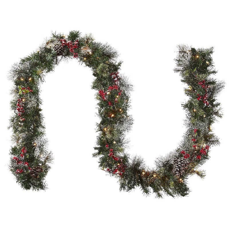 Christmas Snowfall 9 ft. Pre-Lit Wintry Berry Garland with Clear Lights
