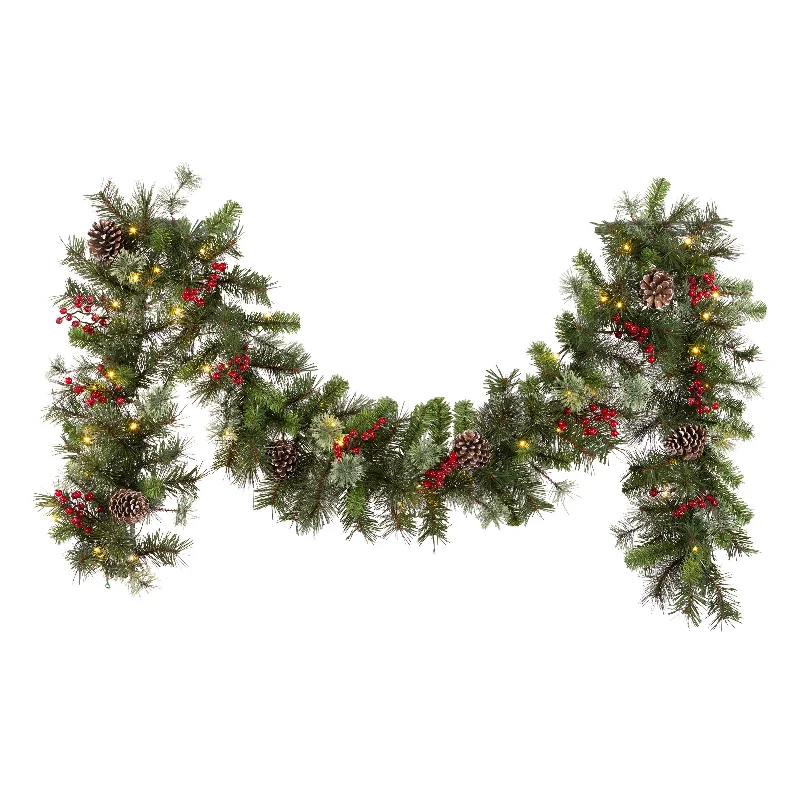Christmas Wreath 9 ft. Iced Berry Pine Garland with LED Lights