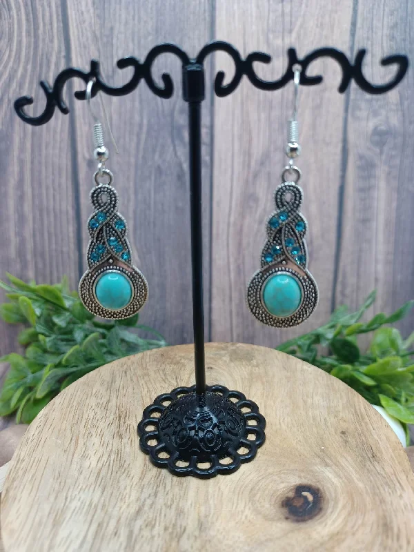 Christmas Day Antiqued Silver Earrings w/ Blue Rhinestones & Turquoise Crackle Stone