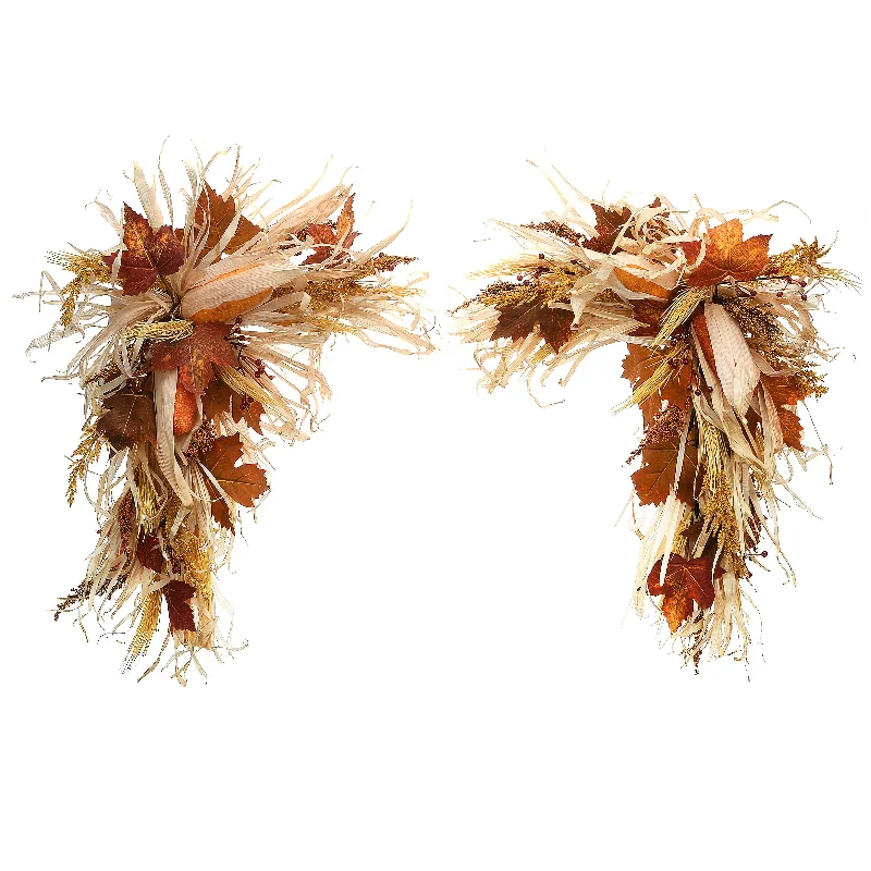 Christmas Wreath Making Artificial Autumn Door Corners, Set of 2, Decorated With Corn Husks, Raffia Leaves, Berry Clusters, Harvest Collection, 24 Inches Christmas Wreath Making Artificial Autumn Door Corners, Set of 2, Decorated With Corn Husks, Raffia Leaves, Berry Clusters, Harvest Collection, 24 Inches