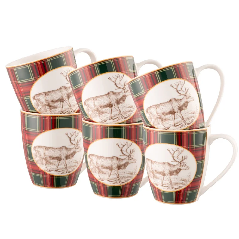 Christmas Snowman Aynsley Tartan Reindeer Set of 6 Mugs