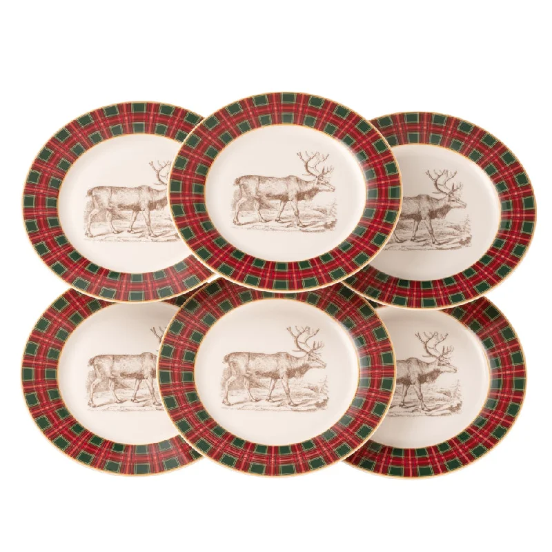 Christmas Pajamas Aynsley Tartan Reindeer Tea/Dessert Plates Set of 6