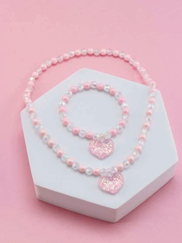 Christmas Cinnamon Scent Beaded Pink Heart Necklace & Bracelet Set