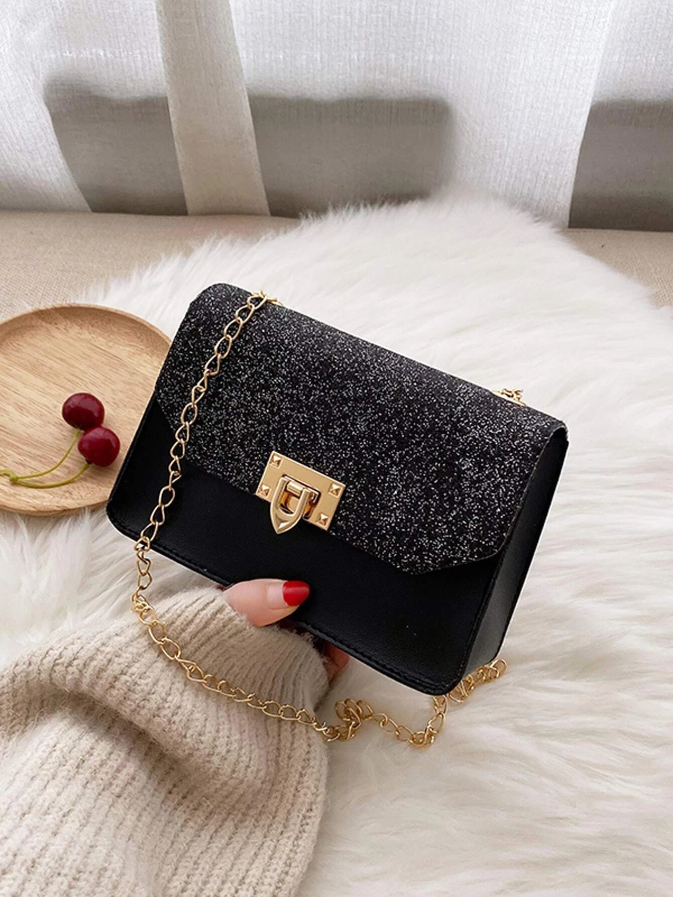 Christmas Frosty Weather Black Purse w/ Glittered Top & Gold Purse Strap Detail