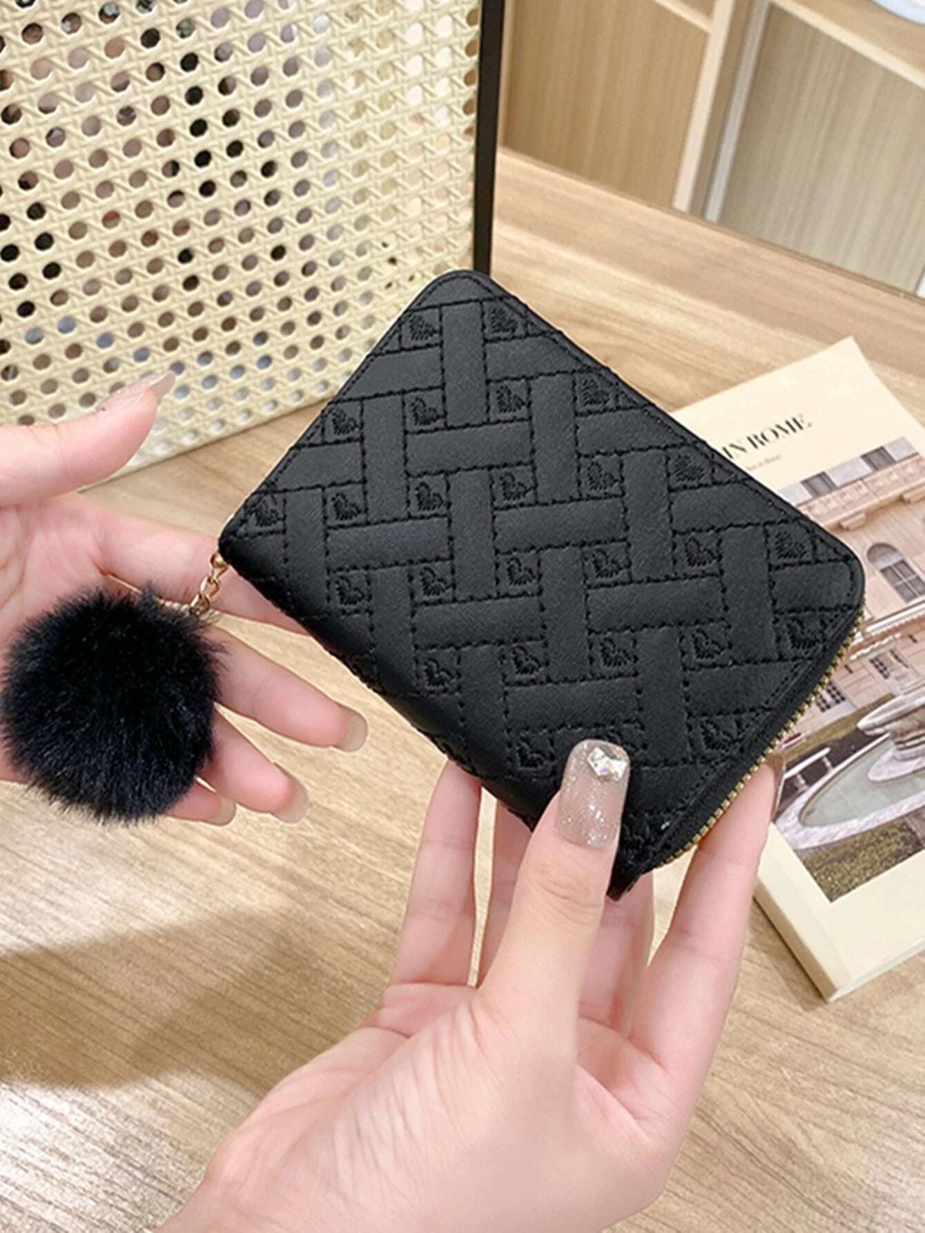 Christmas Baking Traditions Black Quilted Wallet w/ Pom Detail