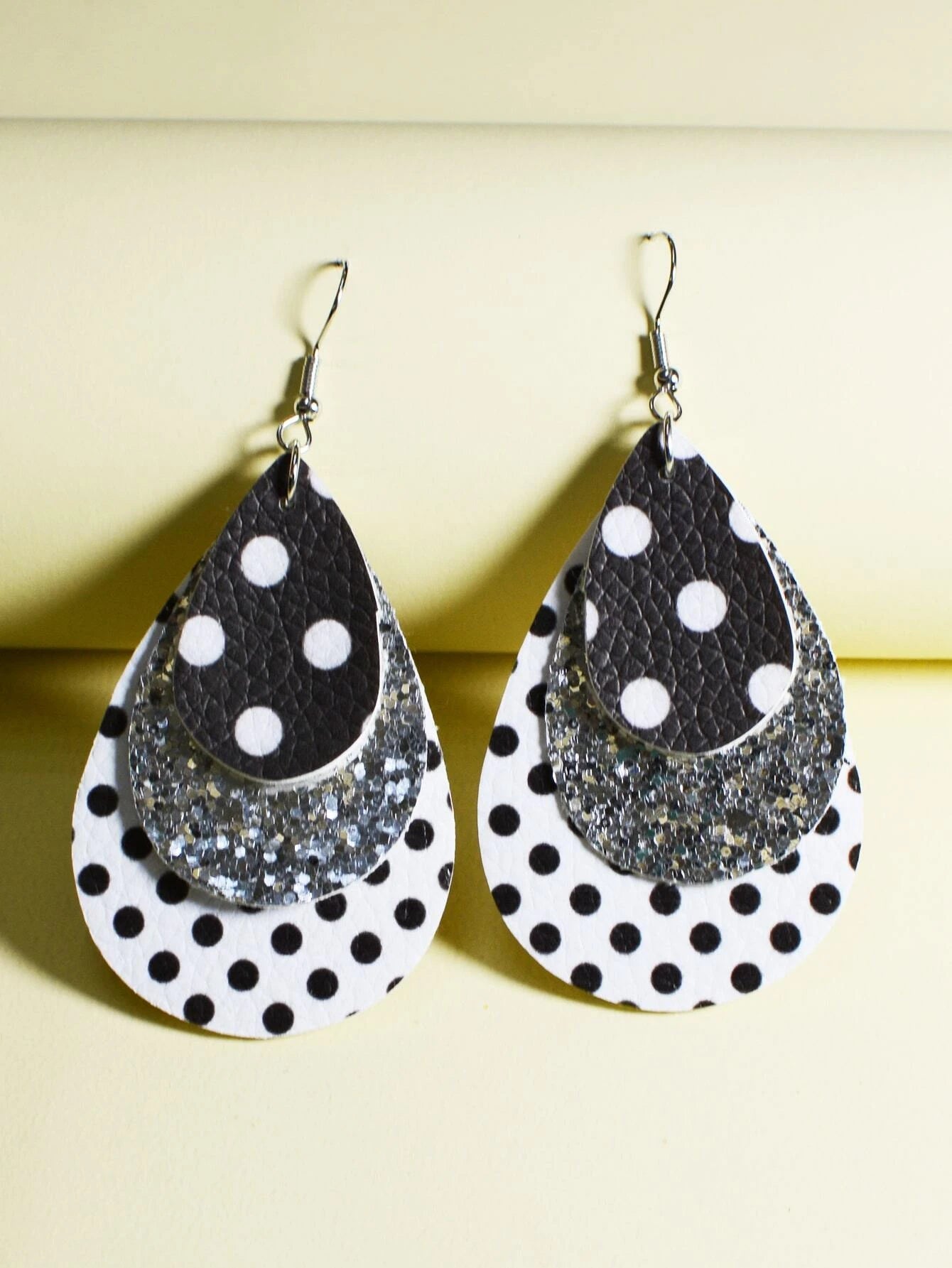 Christmas Tree Shopping Black, White, & Silver Triple Layered Polka Dot & Glitter Earrings