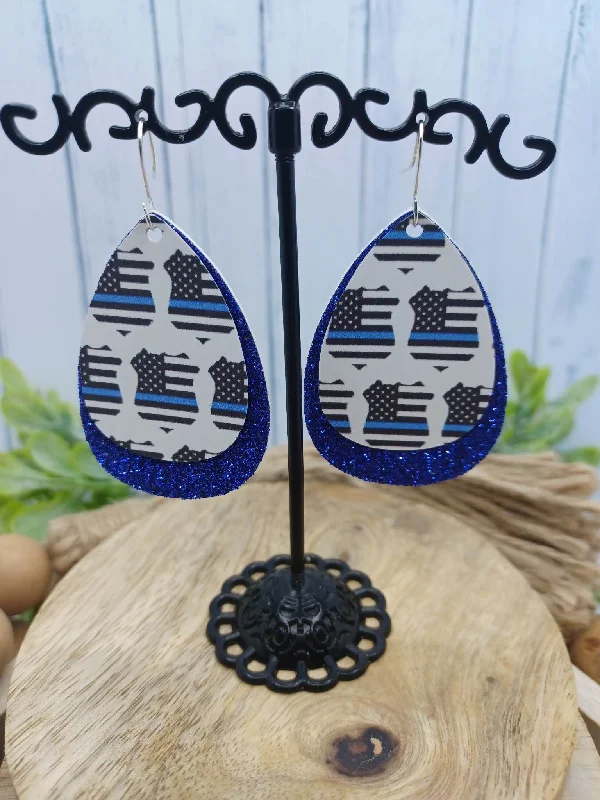 Christmas Happy Moments Blue Double Layered Earrings w/ Thin Blue Line Design