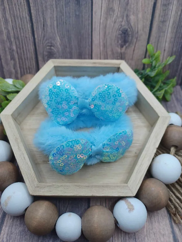 Christmas Caroling Blue Fuzzy Glitter Bow Scrunchie Set