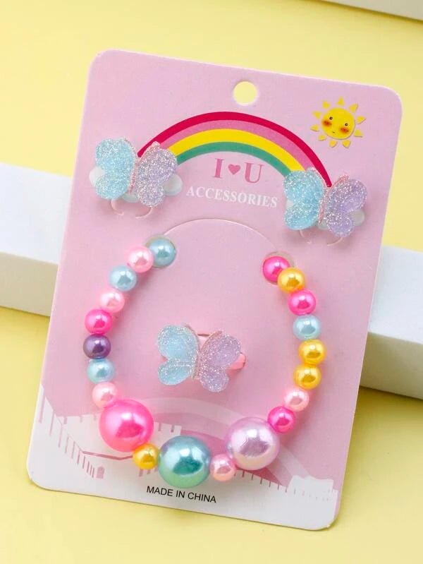 Christmas Sleigh Ride Blue & Purple Glitter Butterfly Bracelet, Earrings, & Ring Set