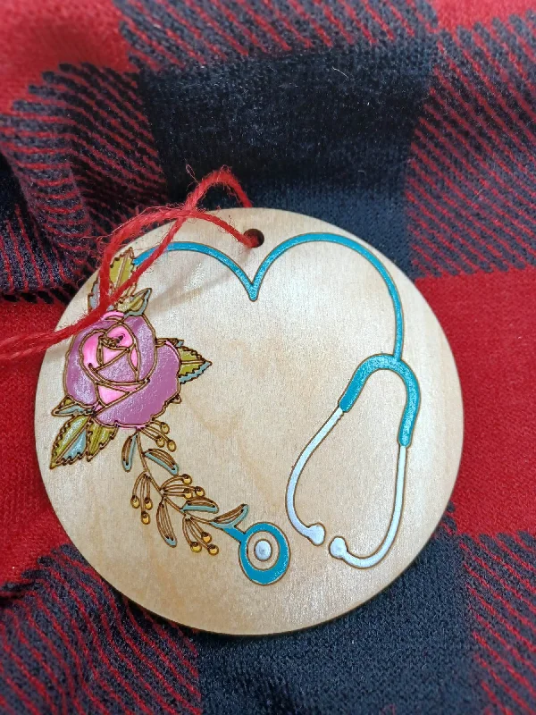 Christmas Magic Blue Stethoscope w/ Pink & Purple Flower Wooden & Acrylic Ornament