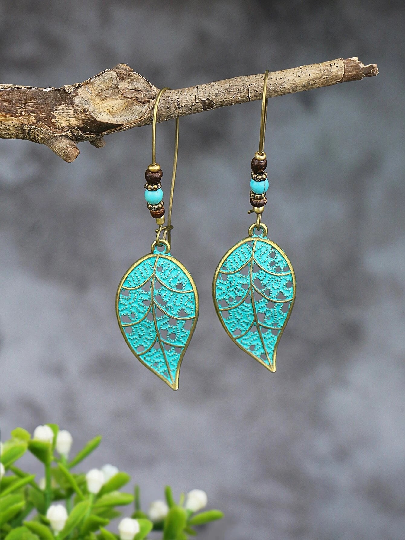 Christmas Garland Lights Brass Leaf Style Earrings