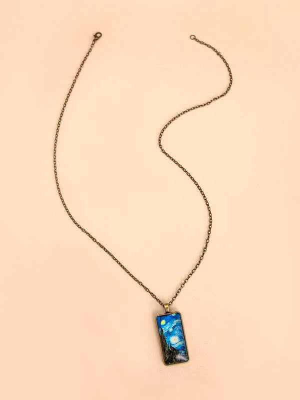 Brass Necklace w/ Detailed Painting Style Pendant
