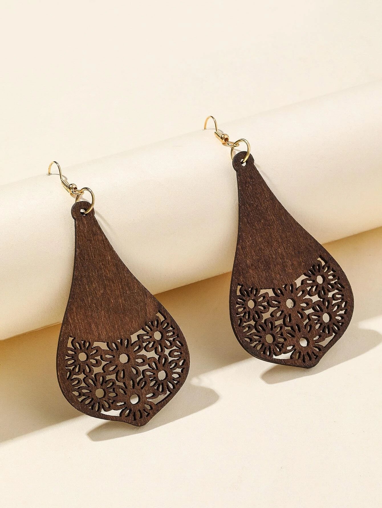 Christmas Reindeer Brown wooden Cutout Floral Patterned Earrings