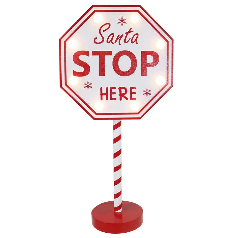 Christmas Tree Glitter LED Santa Stop Here Signpost, 40cm