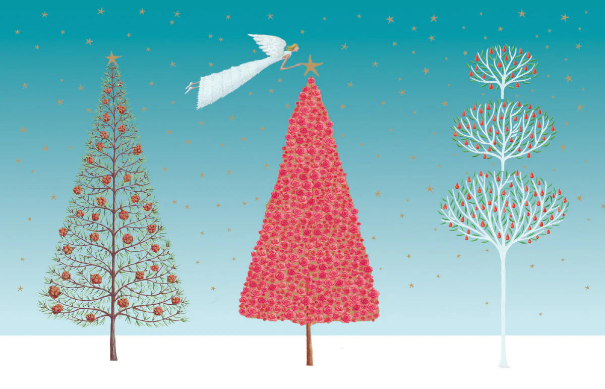 Christmas Wrapping Three Sparkling Trees Gold Foil Card Pack of 8