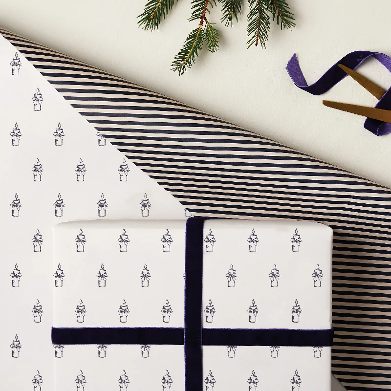 Christmas Spirit Christmas Candles and Stripes Double Sided Wrap in Cream & Blue SECONDS SALE