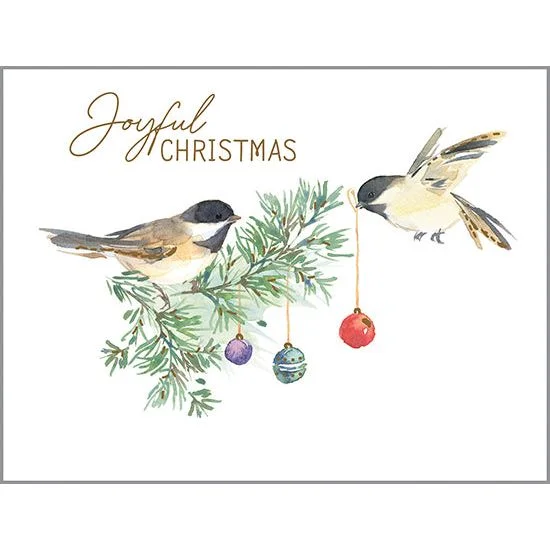 Christmas Wrapped Gifts Christmas card - Chickadee and Ornaments