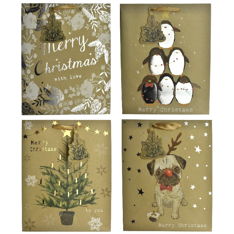 Holiday Cheer Christmas Hot Stamped Premium Gift Bags, 12-3/4-Inch, 4-Piece