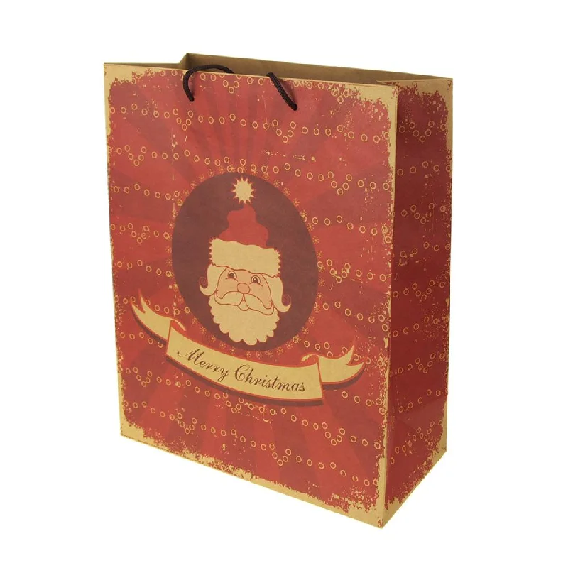Christmas Bells Christmas Kraft Paper Bag with Santa Face Print, Natural/Red, 13-Inch