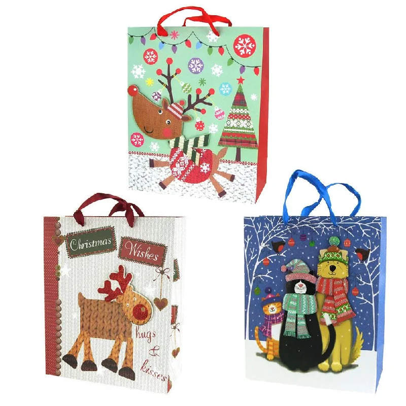 Santa Claus Christmas Reindeer and Pets Glitter 3D Gift Bags, 12-1/2-Inch, 3-Piece