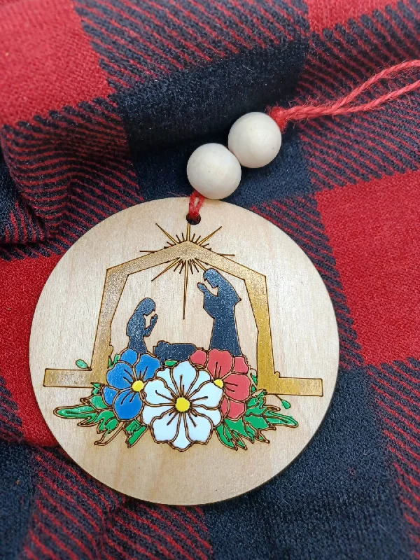Christmas Candles Colorful Manger Scene Wooden & Acrylic Ornament