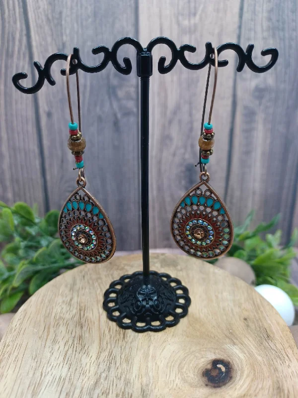 Christmas Snowy Pathways Copper Teardrop Earrings w/ Blue, White, & Brown Beading