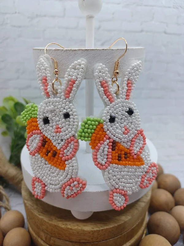 Christmas Snowfall Easter Bunny Rabbit Holding a Carrot Sea Beaded Earrings