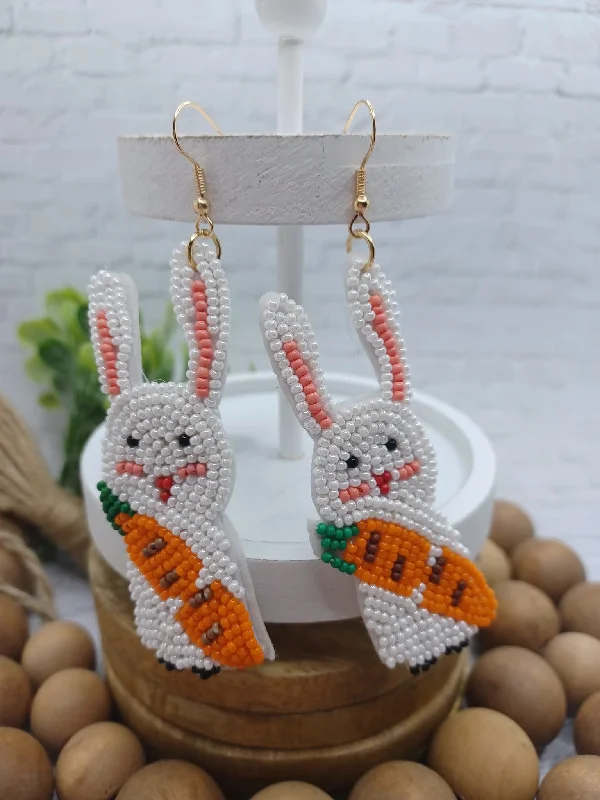Christmas Jolly Time Easter Bunny Rabbit Holding a Carrot Sea Beaded Earrings