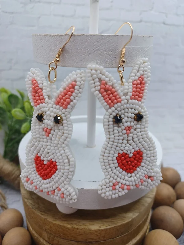Christmas Hot Chocolate Easter Bunny w/ Heart Sea Beaded Earrings