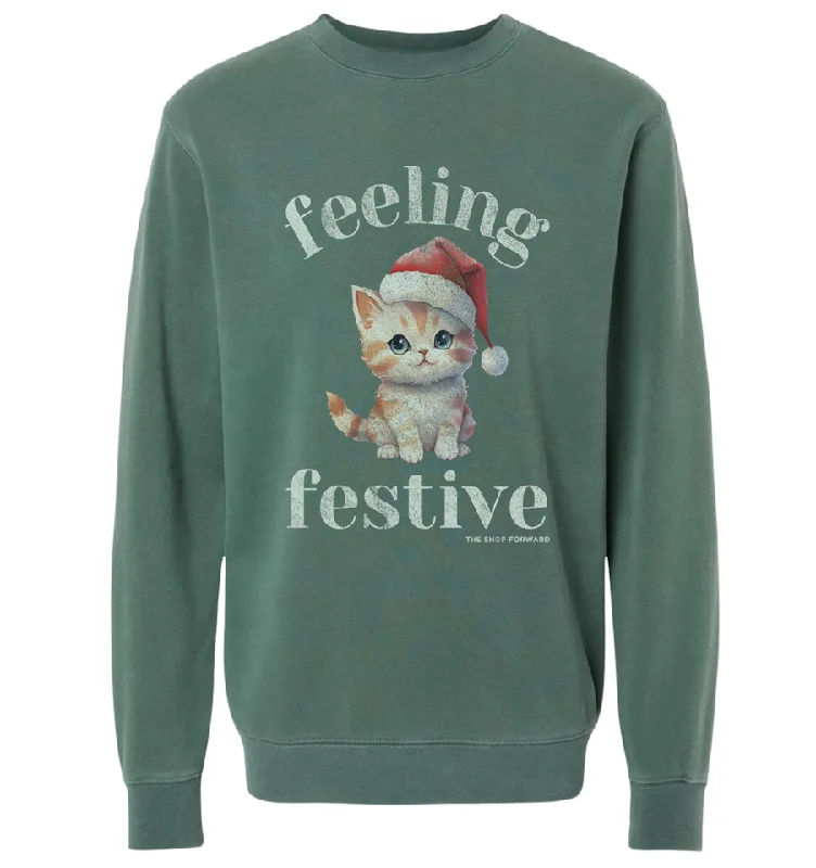 Santa Claus Feeling Festive Santa Cat Pullover - Vintage Green