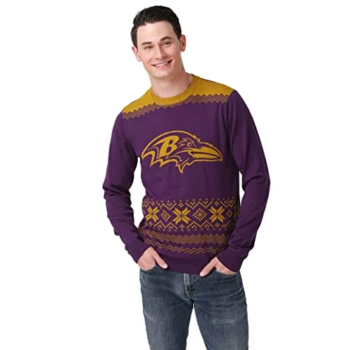 Christmas Yule Log FOCO Men's NFL Big Logo Two Tone Knit Sweater, Medium, Baltimore Ravens