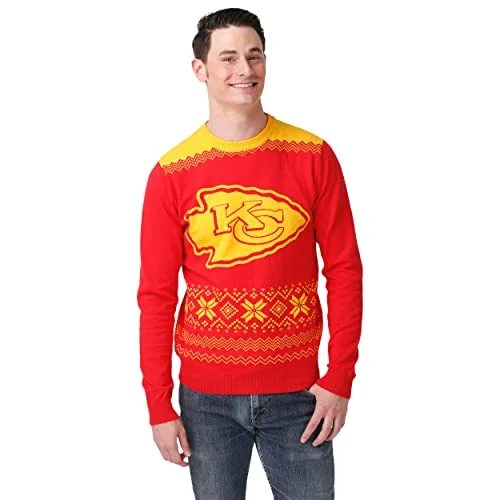Christmas Holiday Songs FOCO Men's NFL Big Logo Two Tone Knit Sweater, Medium, Kansas City Chiefs