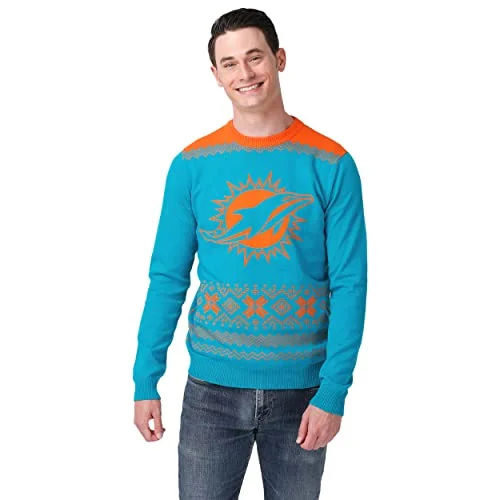 Christmas Beautiful Lights FOCO Men's NFL Big Logo Two Tone Knit Sweater, Medium, Miami Dolphins