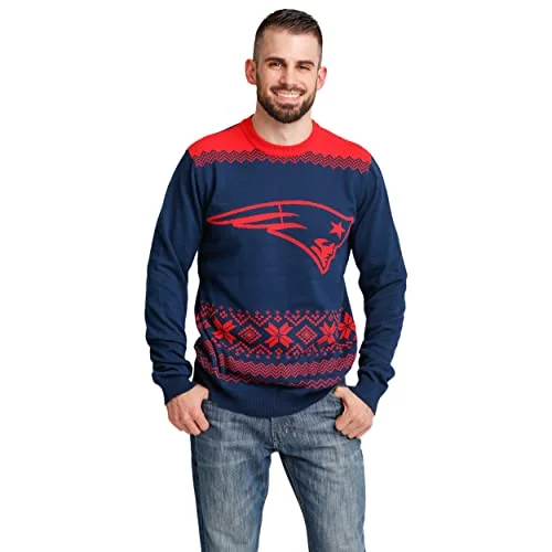 Christmas Jolly Vibes FOCO Men's NFL Big Logo Two Tone Knit Sweater, Medium, New England Patriots