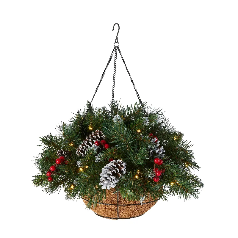Christmas Table Setup 20 in. Pre-Lit  Frosted Berry Hanging Basket with LED Lights