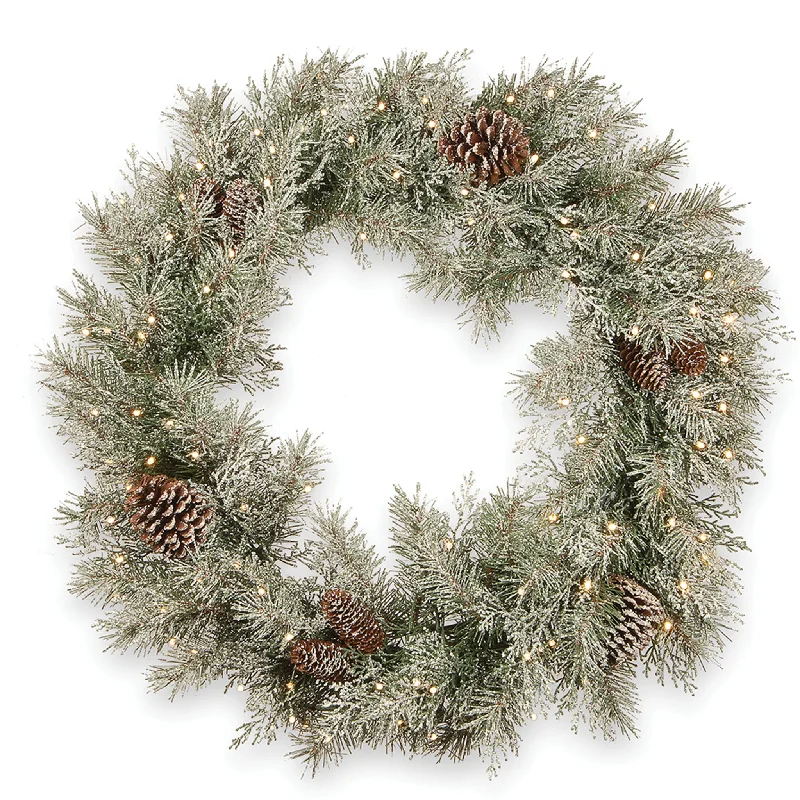 Christmas Spirit 30 in. Pre-Lit Frosted Mountain Spruce Wreath with LED Lights
