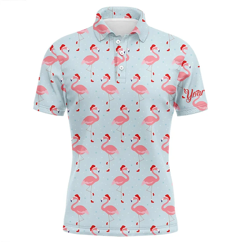 Funny Mens golf polo shirt custom Christmas pattern with tropical winter flamingos in xmas Santa hat NQS6719 Funny Mens golf polo shirt custom Christmas pattern with tropical winter flamingos in xmas Santa hat NQS6719