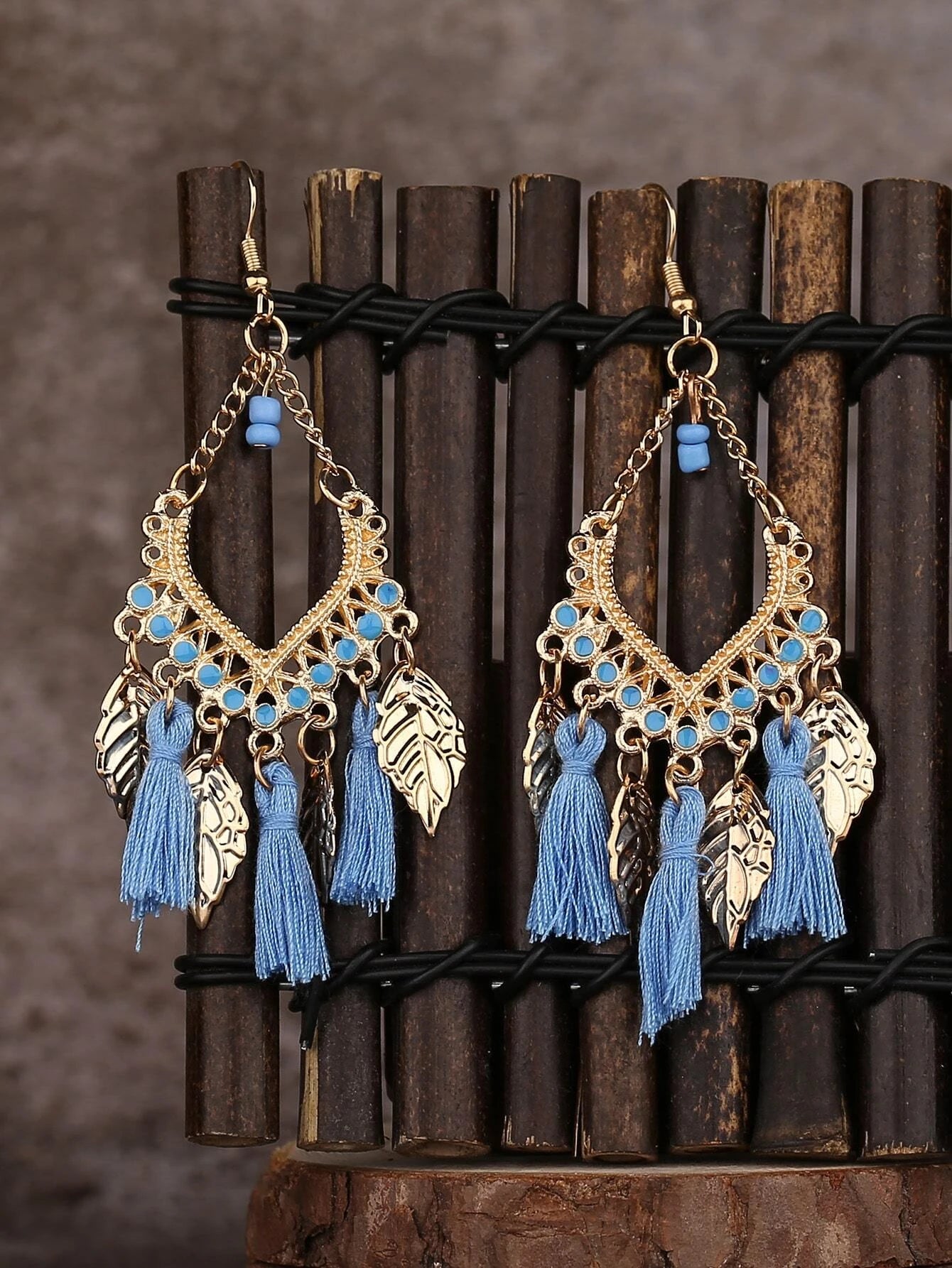 Christmas Gift Exchange Gold Beaded & Tassel Style Earrings w/ Blue Tassels
