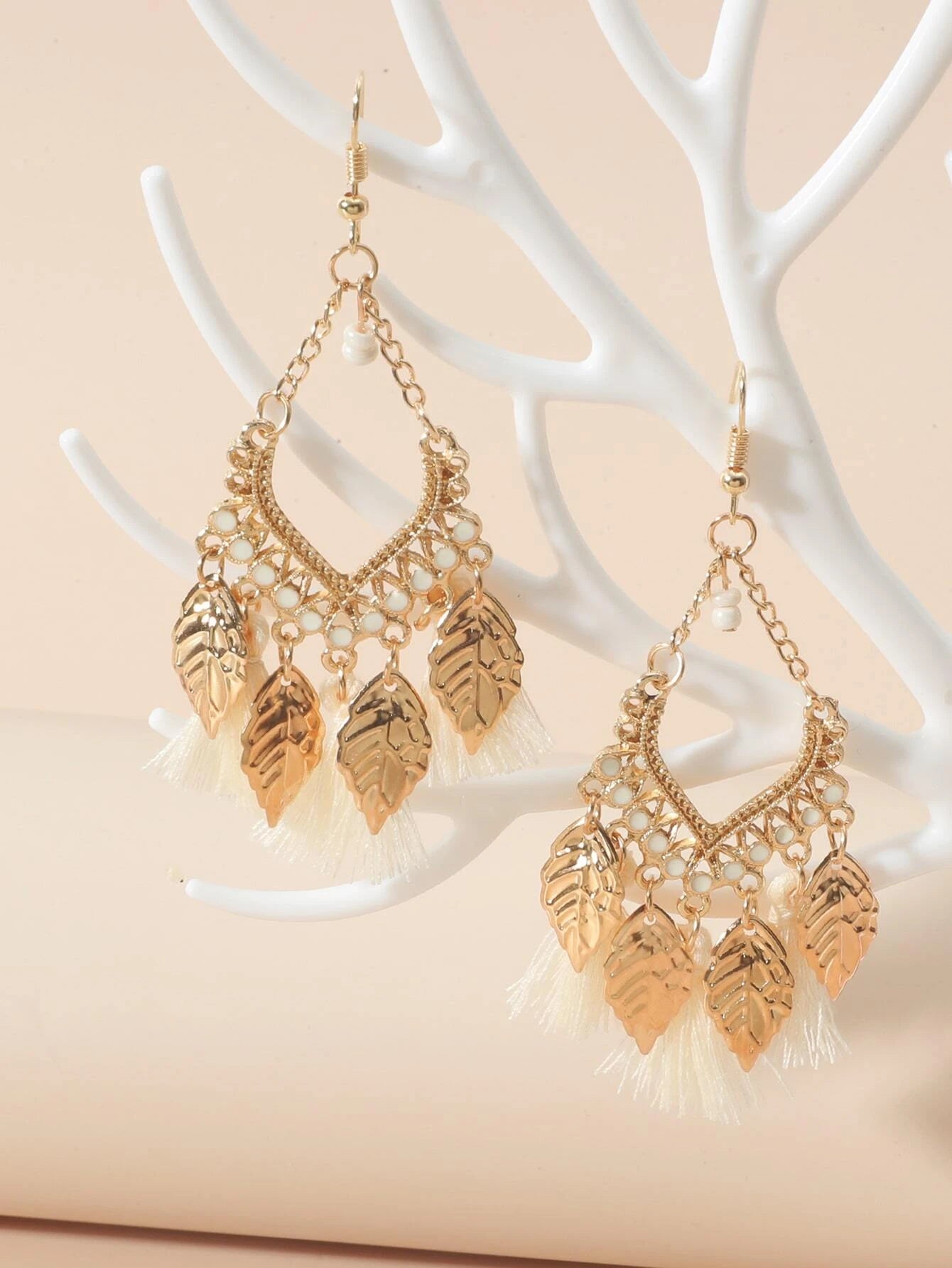 Christmas Tree Toppers Gold Beaded & Tassel Style Earrings w/ White Tassels