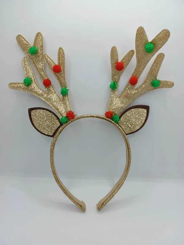 Christmas Tree Gold Glitter Headband w/ Antlers & Red and Green Pom Details