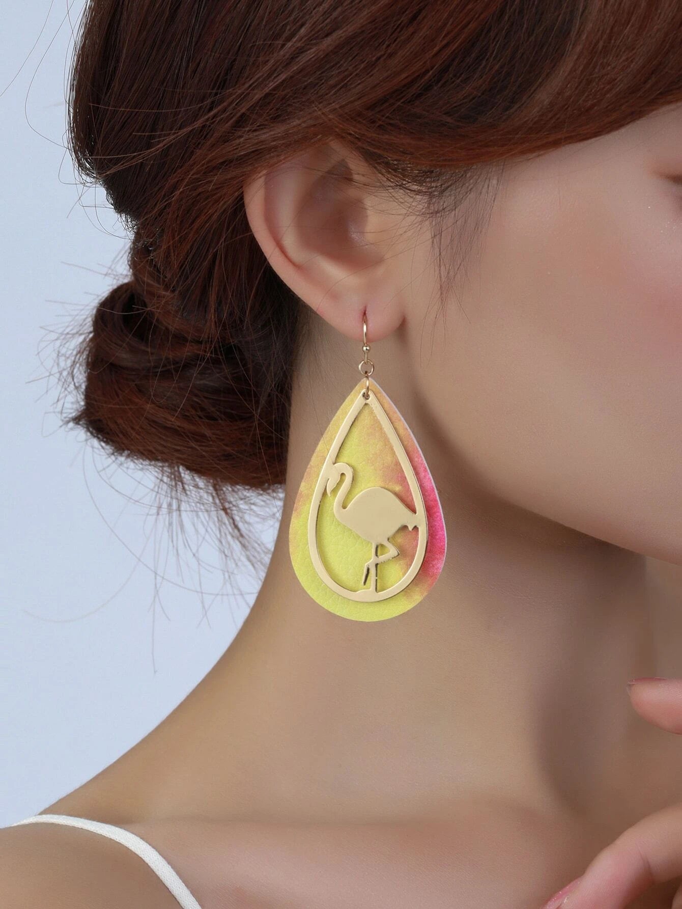 Christmas Themed Party Gold & Ombre Leather Style Earrings w/ Flamingo Design
