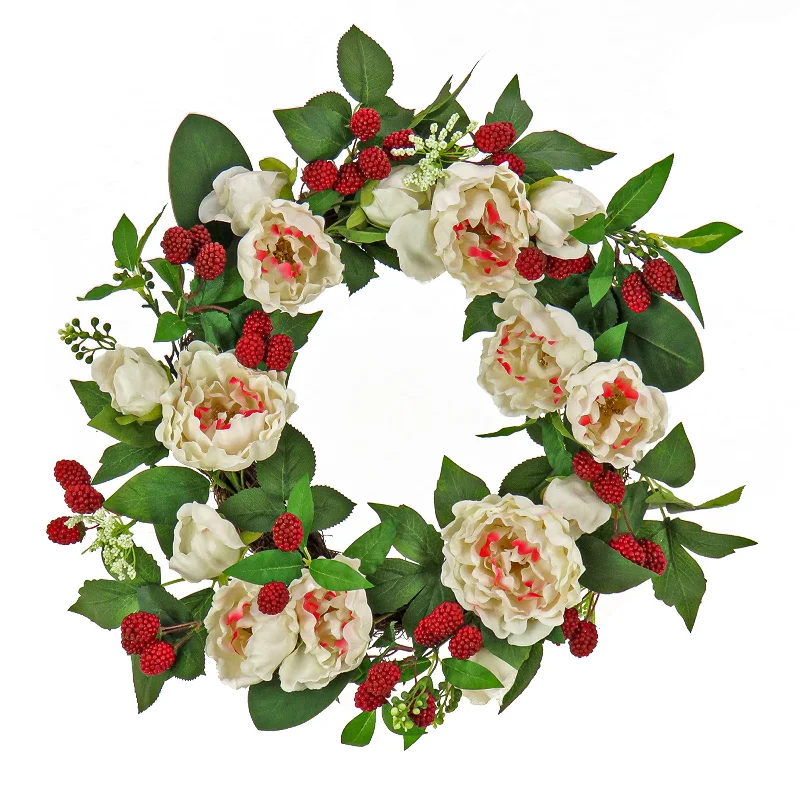 Christmas Toy Drive Artificial Spring Wreath, Woven Branch Base, Decorated with Peony Flowers, Raspberries, Leafy Greens, Spring Collection, 22 Inches Christmas Toy Drive Artificial Spring Wreath, Woven Branch Base, Decorated with Peony Flowers, Raspberries, Leafy Greens, Spring Collection, 22 Inches